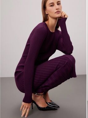 Jason Wu Long-Sleeve Ribbed Midi Dress in Plum